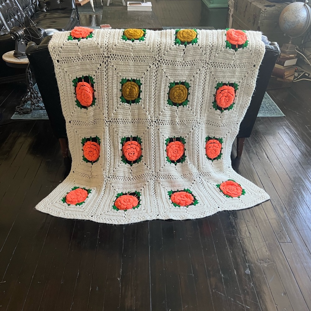 Vintage Large 3D Floral Crochet Afghan Throw Blanket 1970’s Bohemian Quilt